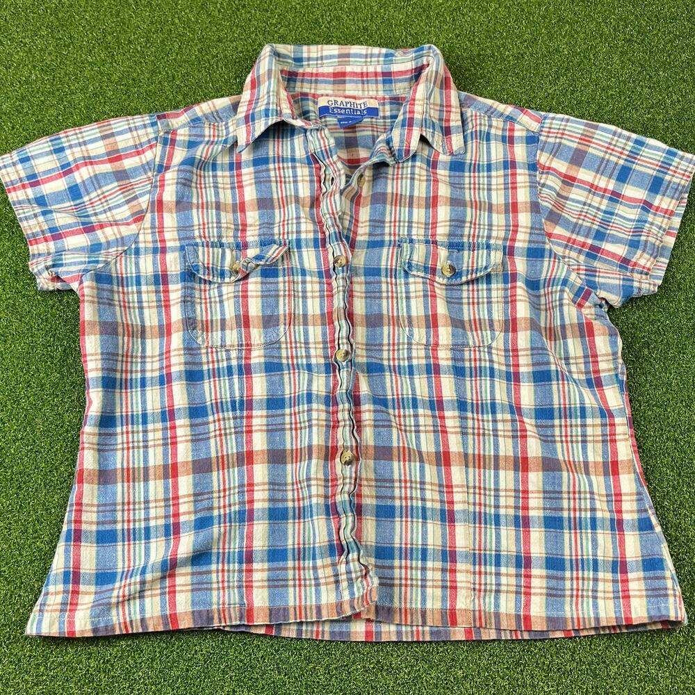Y2K Graphite Essentials Plaid Short Sleeve Button Up Shirt Cotton Indie Casual L